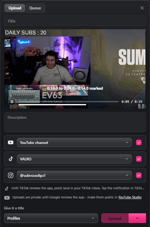 The PresetKey Crosspost window open over the Premiere Pro Program monitor, showing the marked range on a 16:9 preview plate, a Title field, and the platform rows underneath.