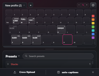 The PresetKey dock inside Premiere Pro showing a marked in and out range, with the Cross Upload button beside the auto-captions button.