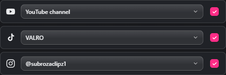 The platform rows in the Crosspost window, each showing the handle of a connected TikTok, YouTube or Instagram account.